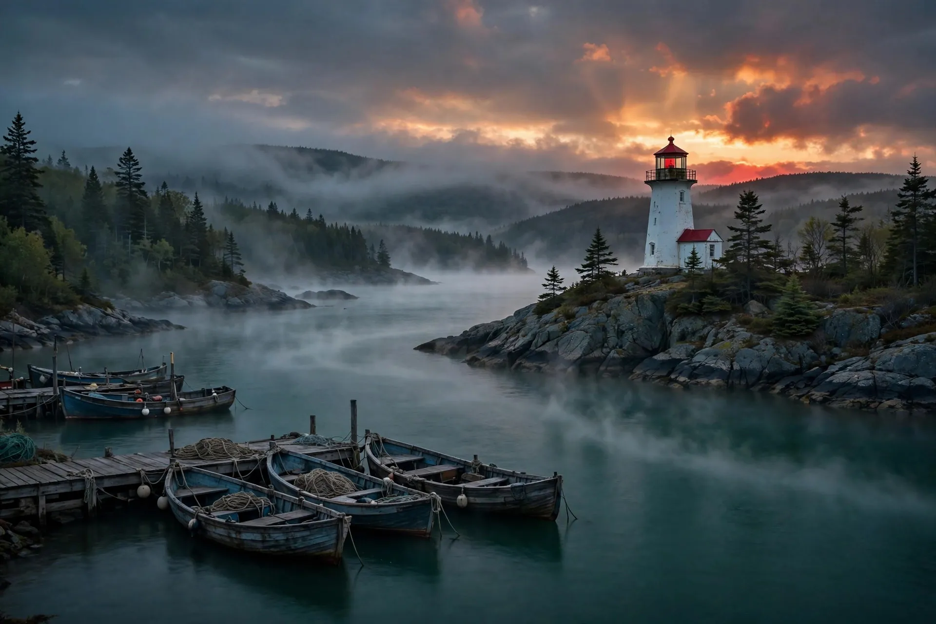 Fishing boats moored in a foggy harbor at dusk, lighthouse on the point