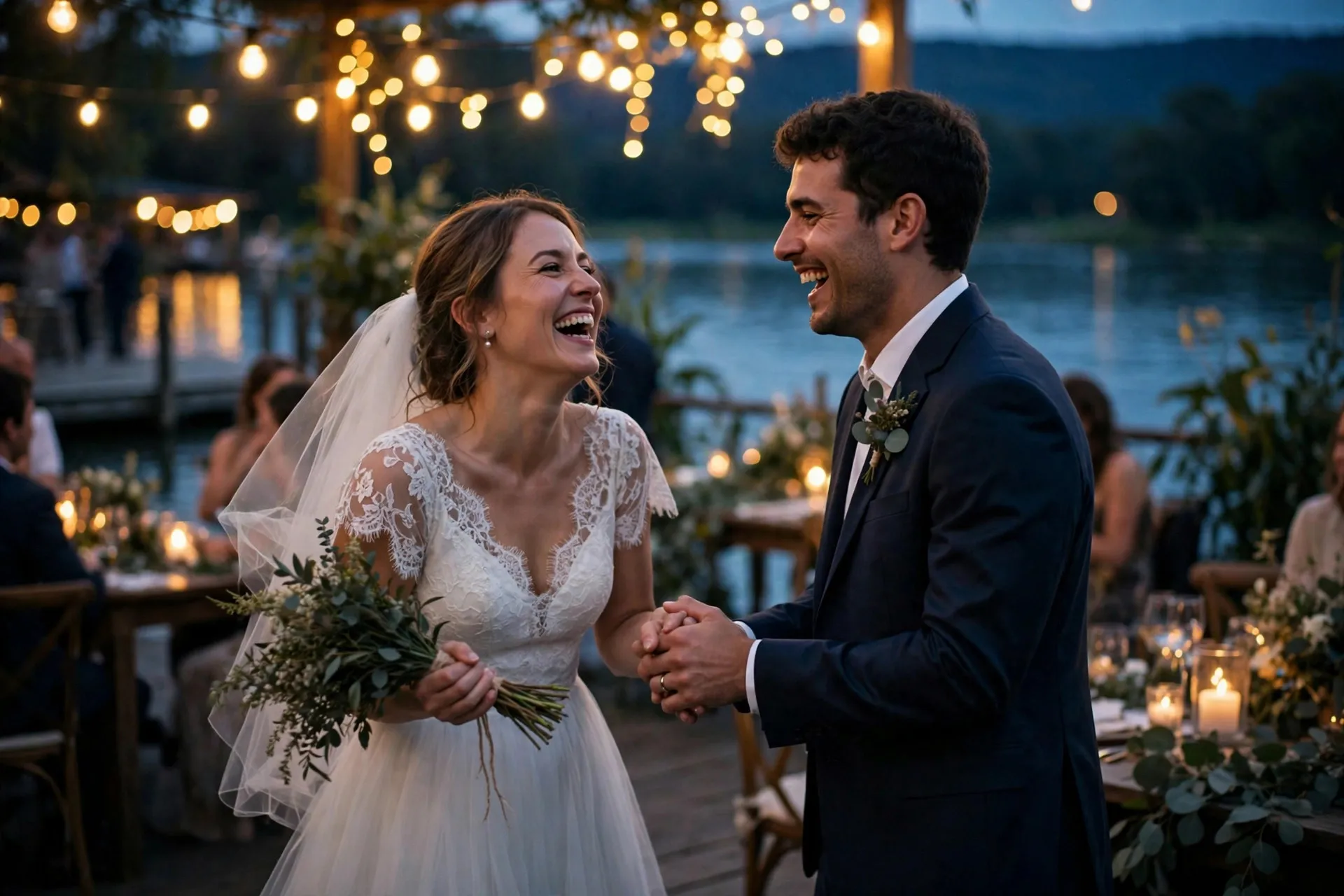 Bride and groom laughing under string lights by the water at dusk