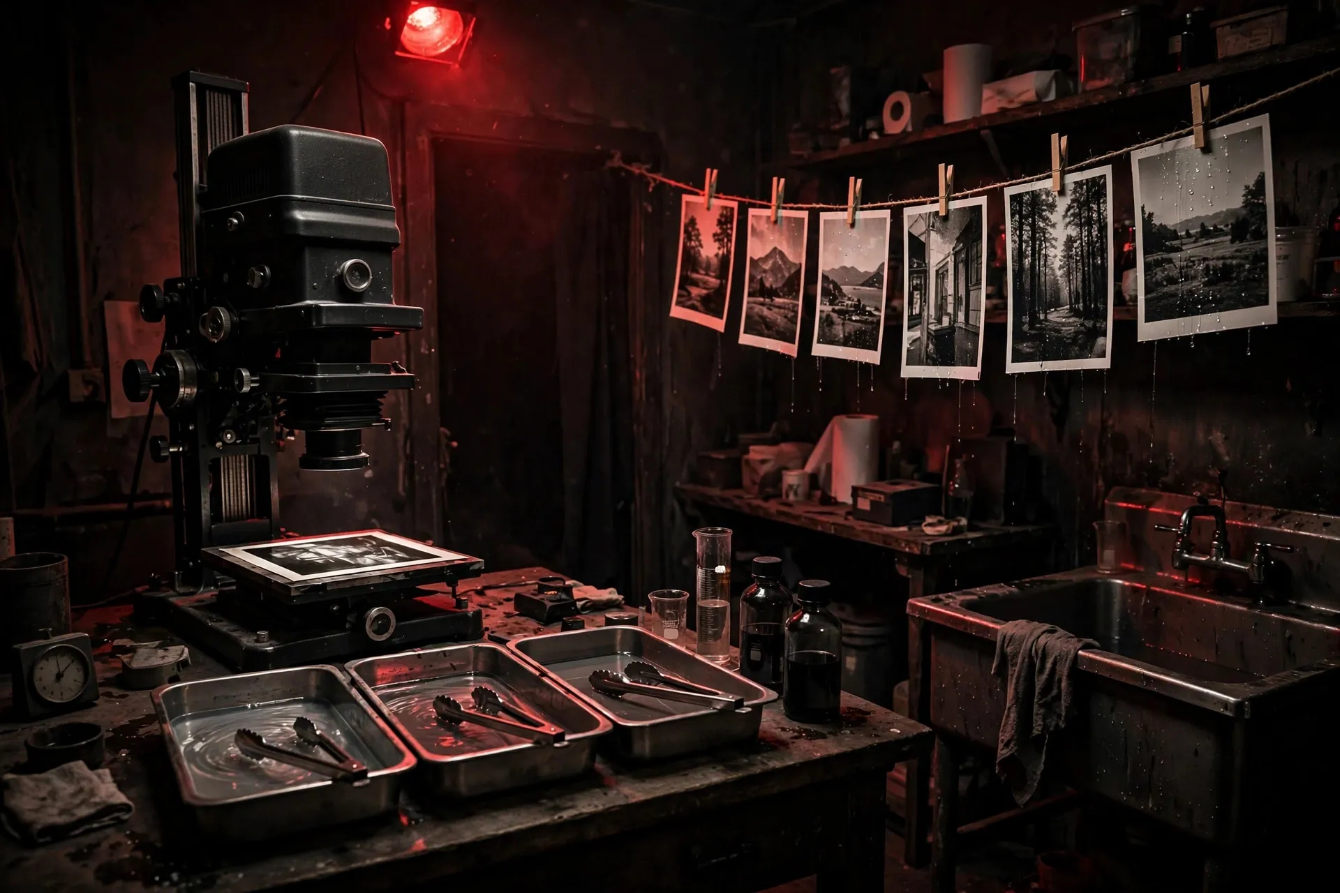 The studio darkroom: enlarger, developing trays and prints drying under a red safelight